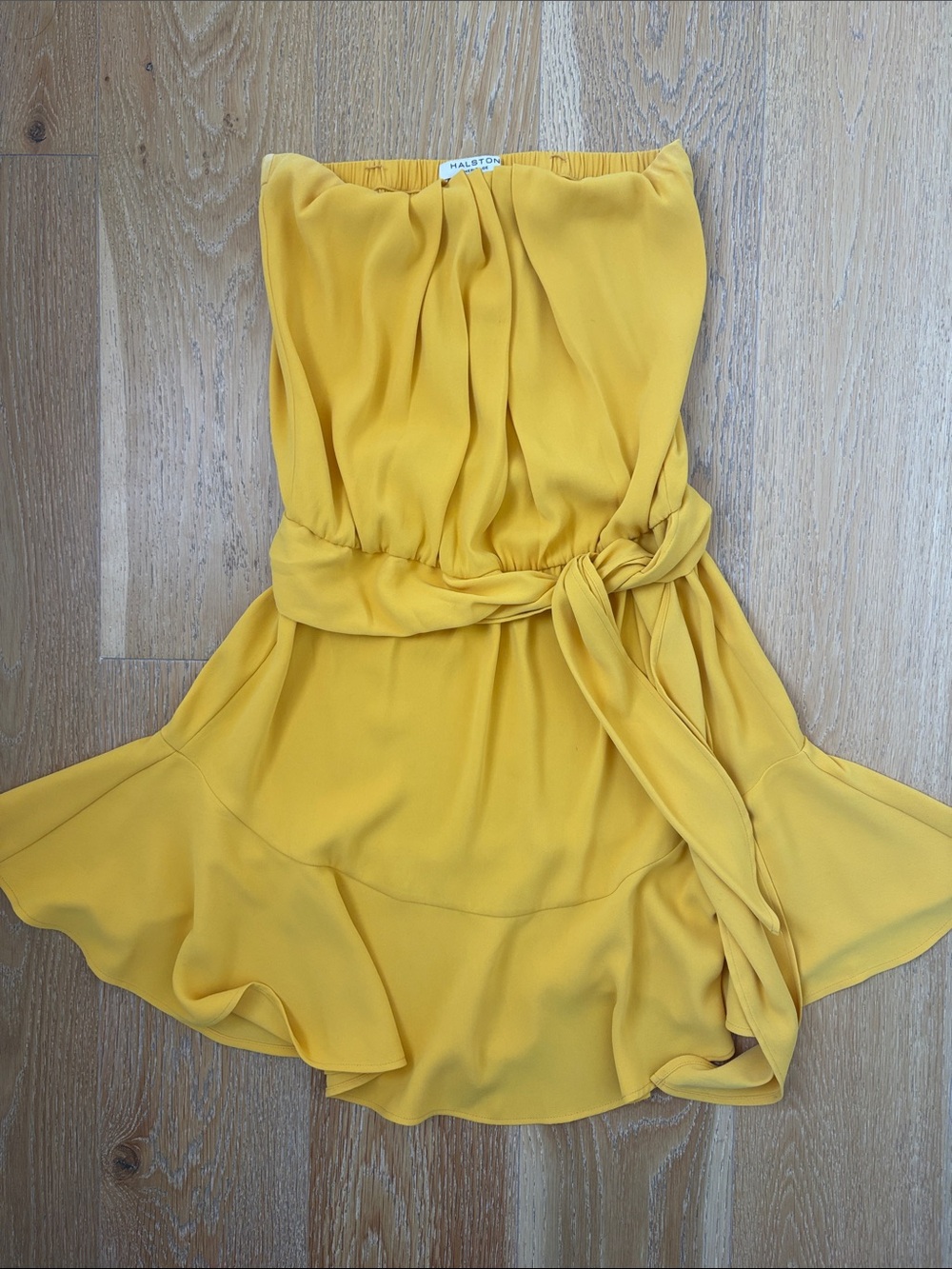Halston Strapless Yellow Tie-Waist Dress Size Small